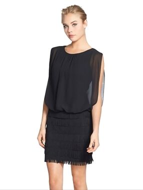AIDAN by Aidan Mattox Black Chiffon Blouson Fringe Mini Dress Size 12 Wedding